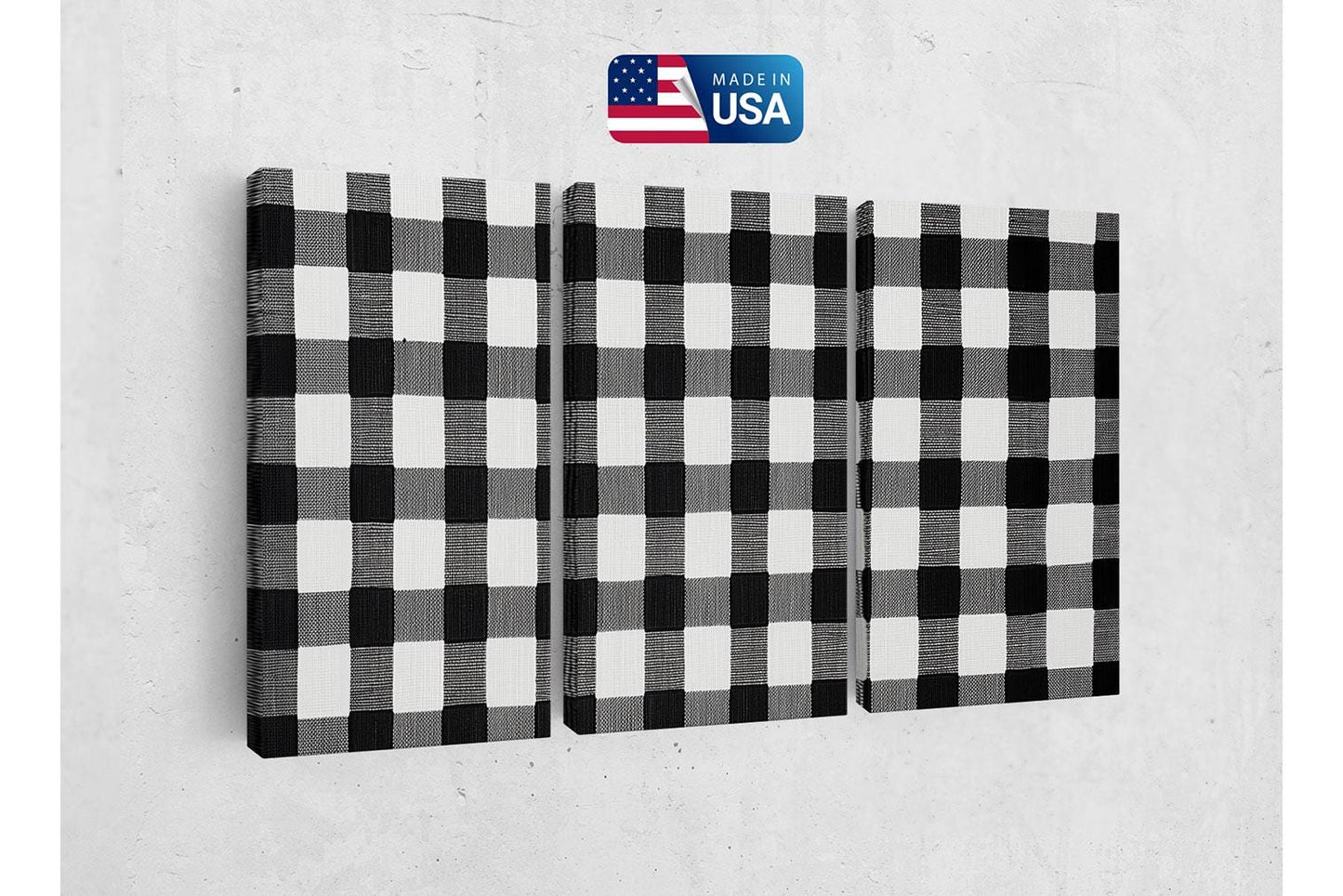 a black and white checkered wall hanging on a wall