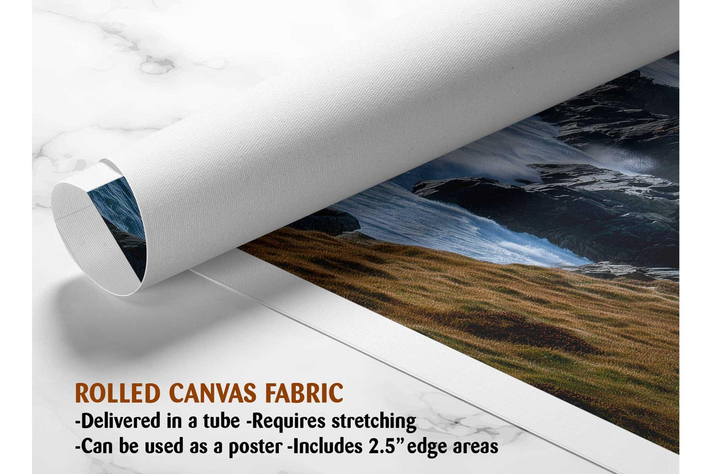 The image is a rolled canvas fabric that has been delivered in a tube. It requires stretching and can be used as a poster with a 2.5&quot; edge area.