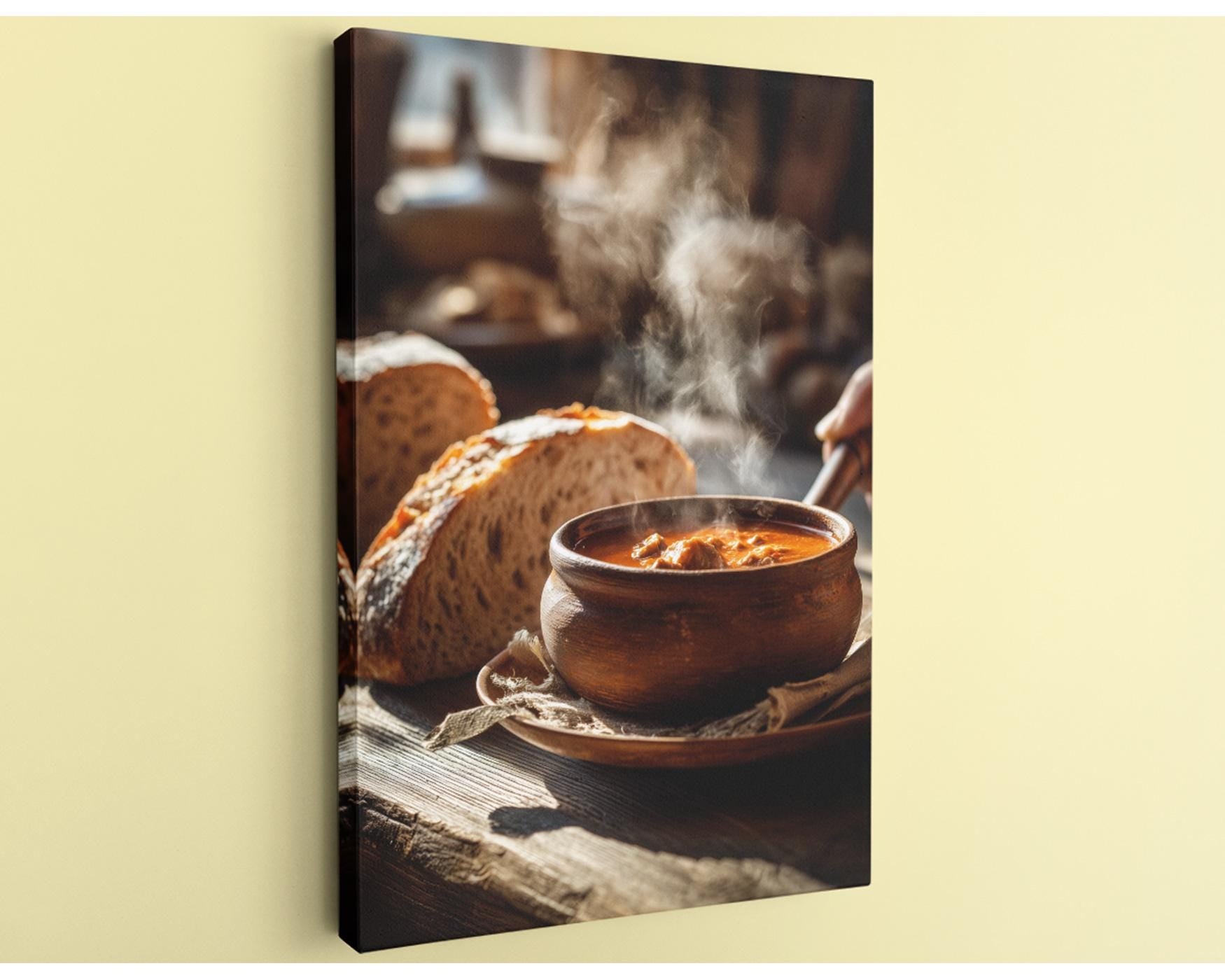 A wooden table with a bowl of soup and a loaf of bread, with steam rising from the soup, creating a cozy and inviting scene.