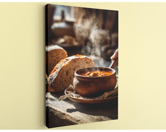 A wooden table with a bowl of soup and a loaf of bread, with steam rising from the soup, creating a cozy and inviting scene.
