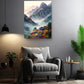 a cozy living room with a gray armchair, a wooden side table, and a potted plant. Above the armchair, there is a large painting depicting a mountainous landscape with a village nestled in the valley. The painting is hung on the wall, creating a serene and inviting atmosphere in the room.