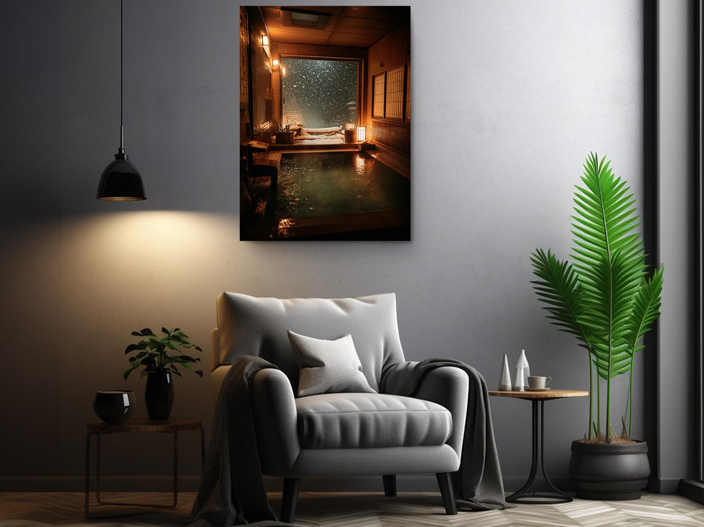 a cozy living room with a comfortable gray armchair, a wooden side table, and a potted plant. Above the armchair, there is a framed photograph of a serene indoor scene with a hot tub and a snowy landscape.