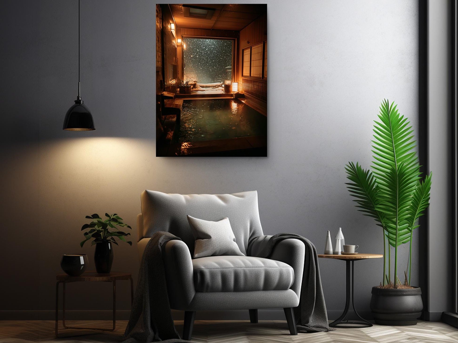 a cozy living room with a comfortable gray armchair, a wooden side table, and a potted plant. Above the armchair, there is a framed photograph of a serene indoor scene with a hot tub and a snowy landscape.