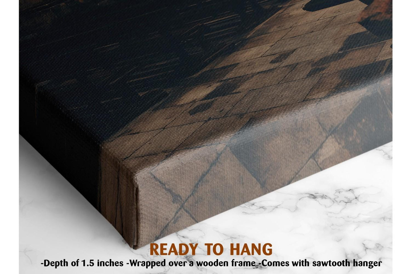 The image is a close-up of a wooden frame with a textured surface, and it is described as a ready-to-hang artwork.