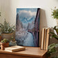 a wooden table with a framed photograph of a snowy mountain landscape, a red train, and a snowy path. The table also has several potted plants, books, and a vase.
