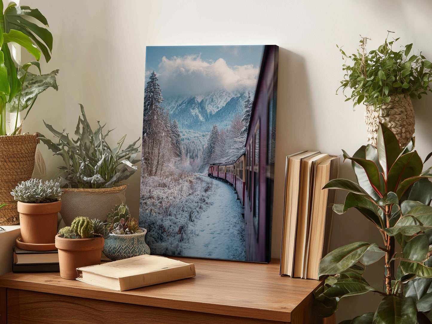 a wooden table with a framed photograph of a snowy mountain landscape, a red train, and a snowy path. The table also has several potted plants, books, and a vase.