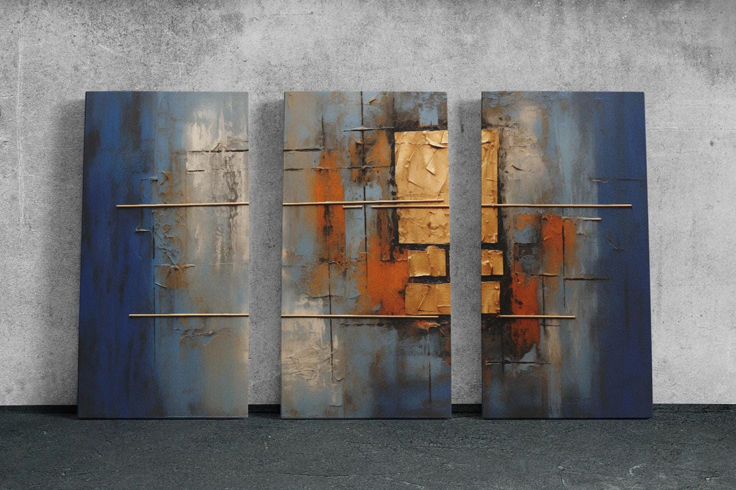 three pieces of art that are on a wall