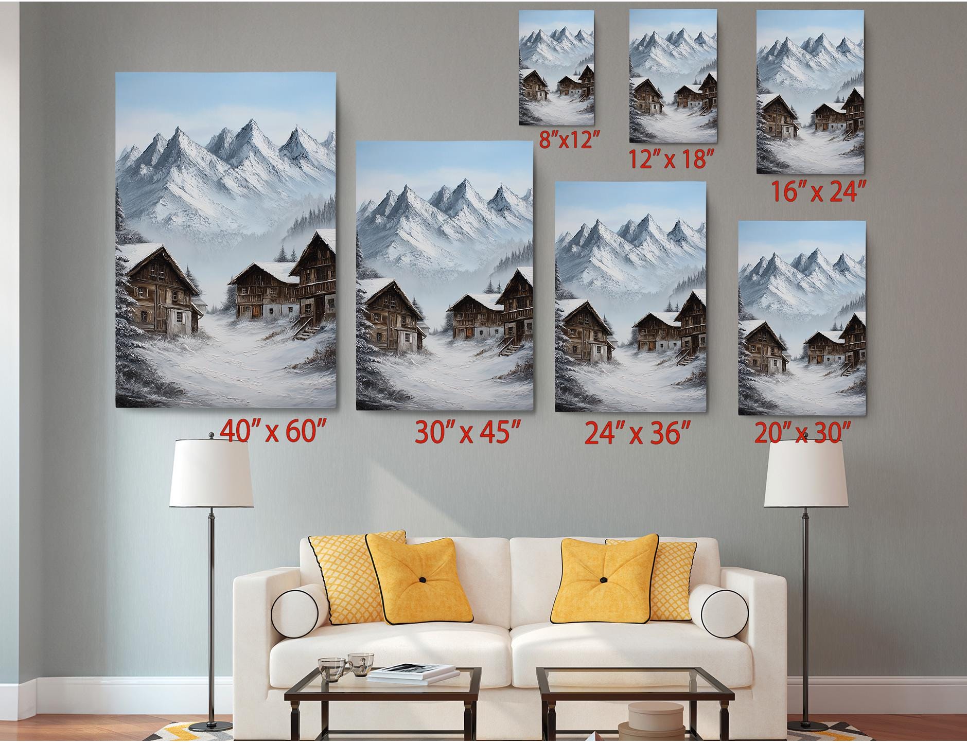 a living room with a white sofa and a coffee table, and there are six framed pictures of snowy mountain scenes hanging on the wall above the sofa.