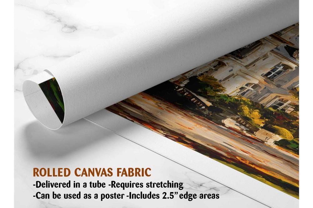 The image is a rolled canvas fabric, which is a type of canvas material used for painting or printing. It is described as a tube-delivered canvas fabric, which means it is delivered in a tube and requires stretching before use. It can be used as a poster with a 2.5&quot; edge area.