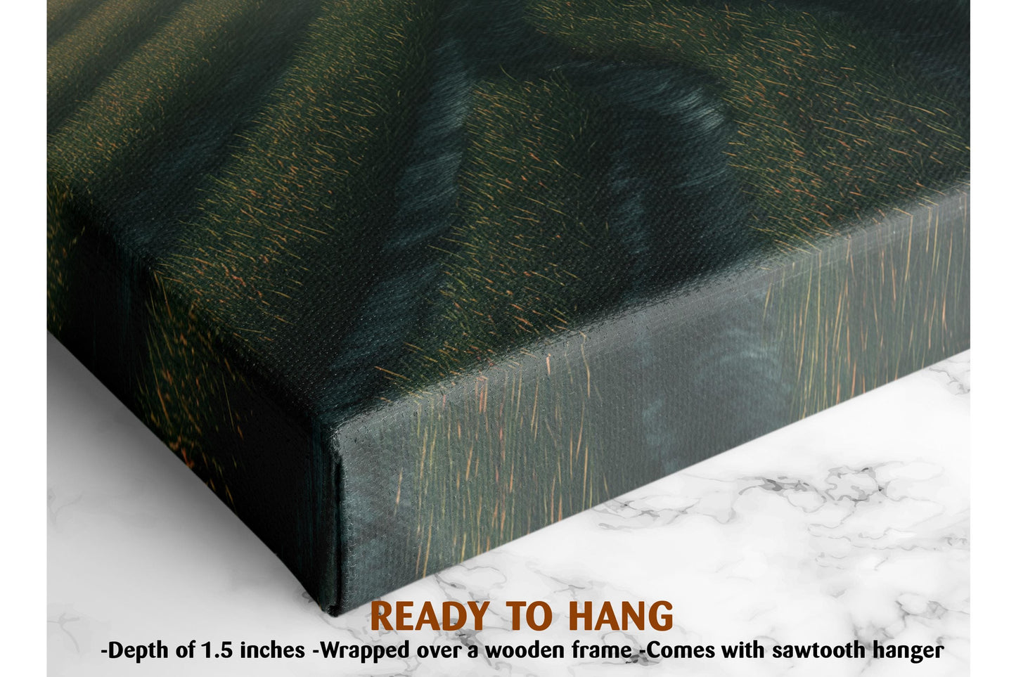 The image is a close-up of a canvas print with a textured green and black pattern, and it is described as a ready-to-hang print with a depth of 1.5 inches.