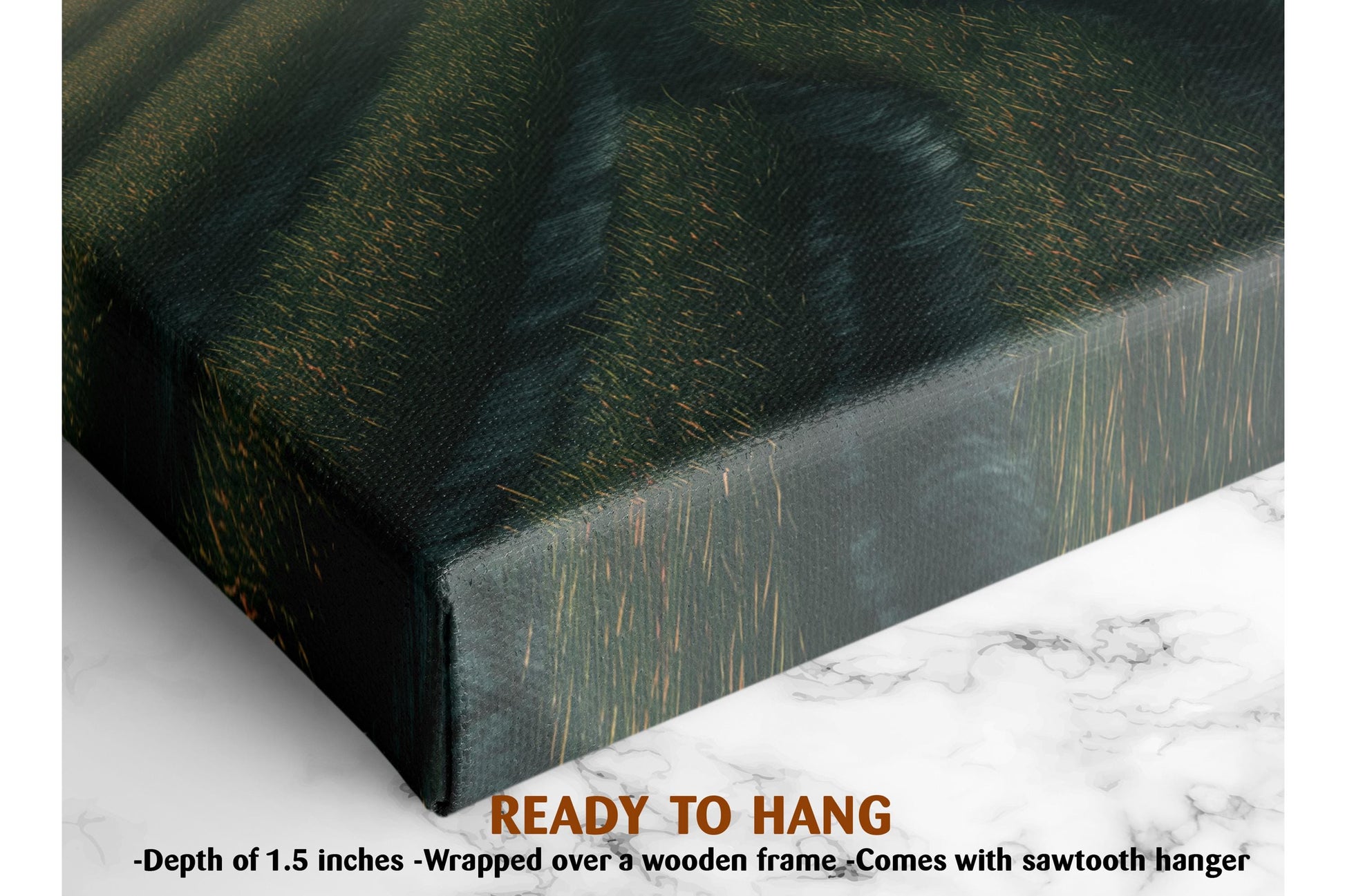 The image is a close-up of a canvas print with a textured green and black pattern, and it is described as a ready-to-hang print with a depth of 1.5 inches.