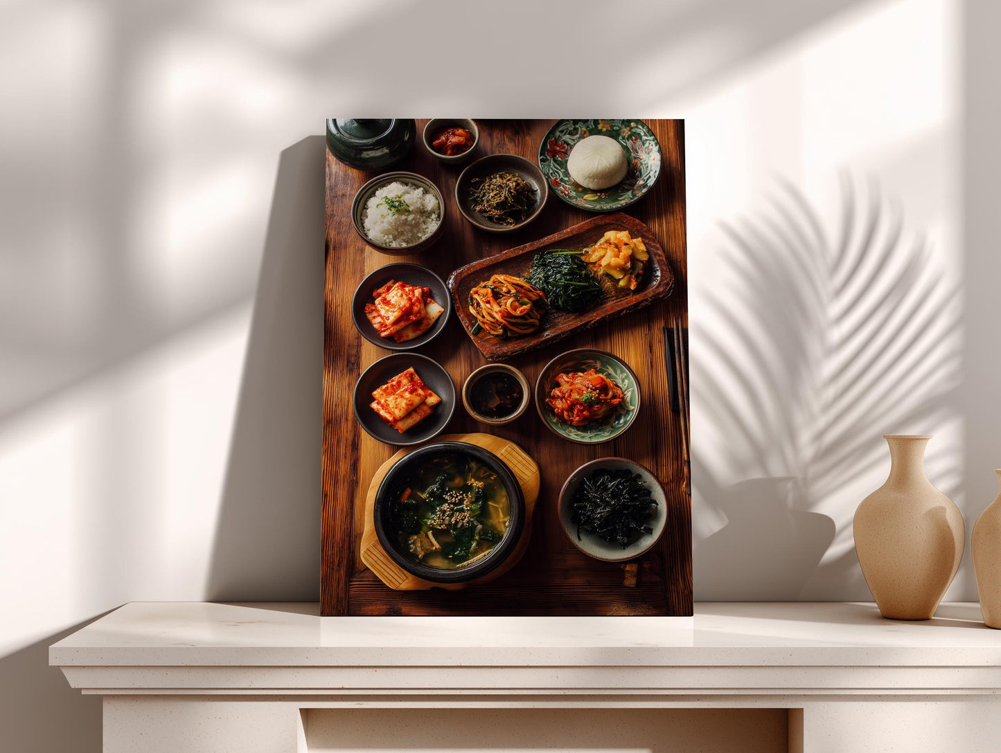 a wooden tray filled with various dishes, including rice, vegetables, and other food items, placed on a white shelf.