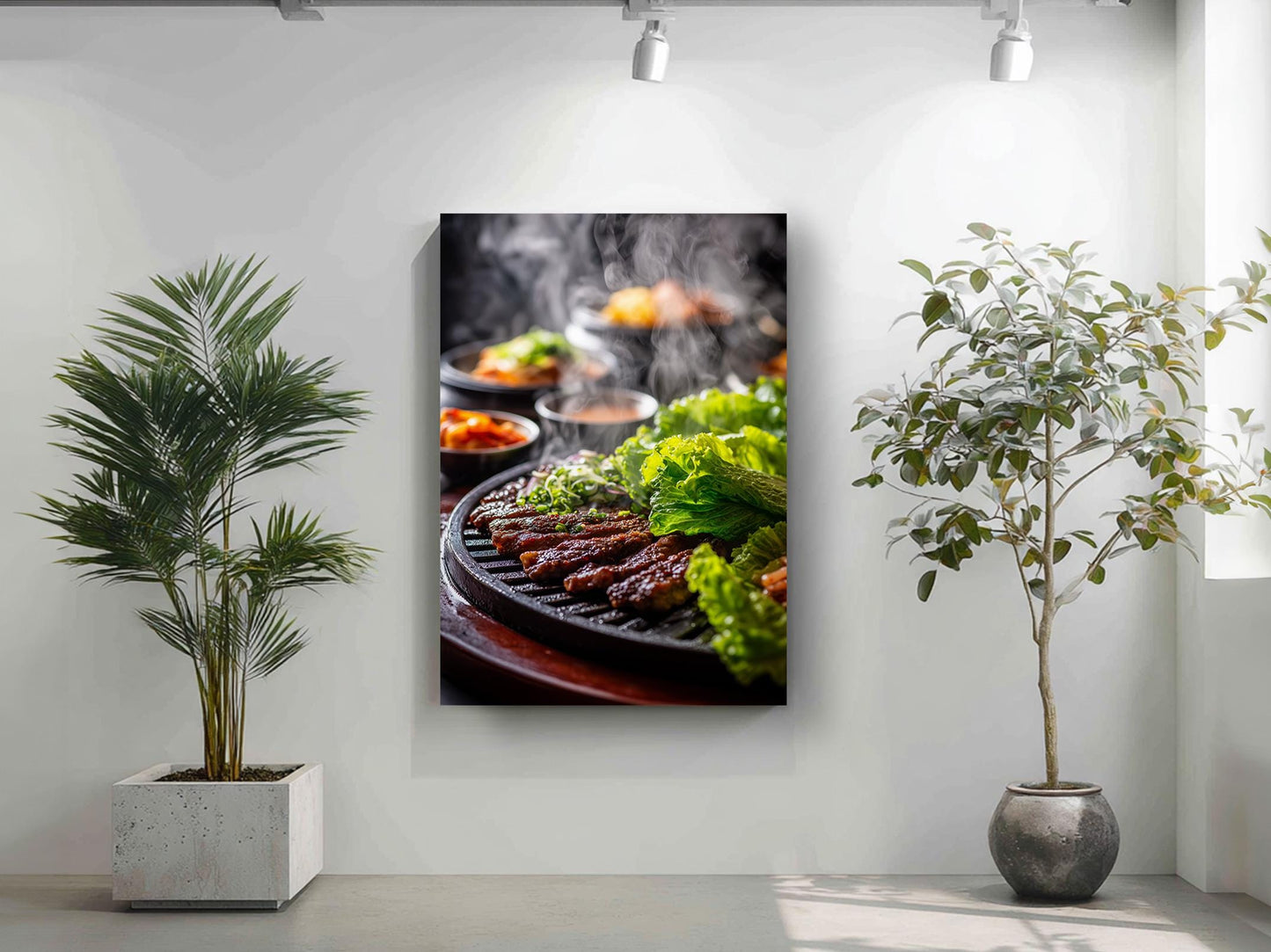 a close-up of a grill with various meats and vegetables, including what appears to be grilled chicken and lettuce. The grill is surrounded by a potted plant on the left and a plant on the right, creating a cozy and inviting atmosphere.