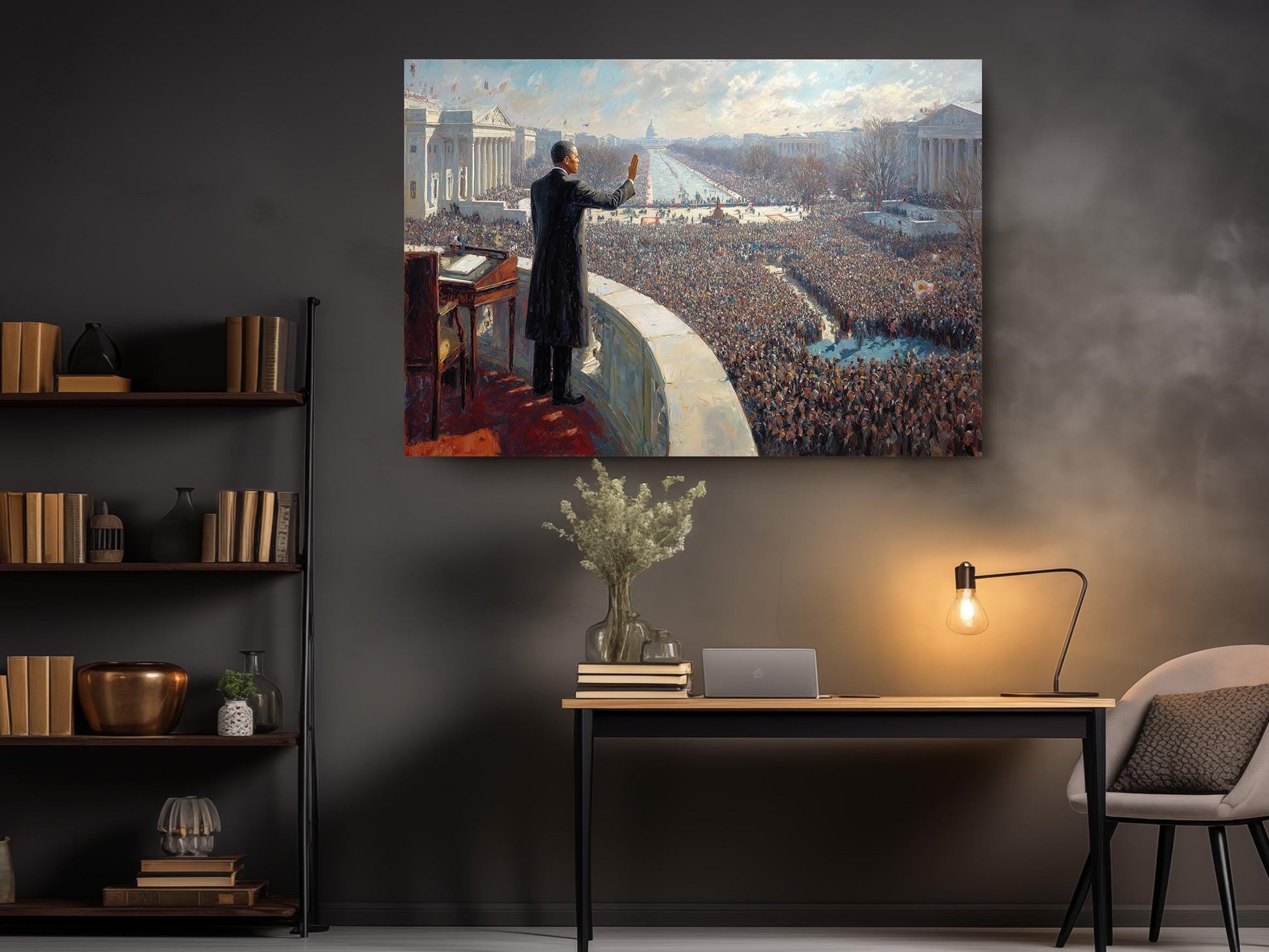 a large painting of a man standing on a balcony, addressing a crowd of people, with a cityscape in the background.