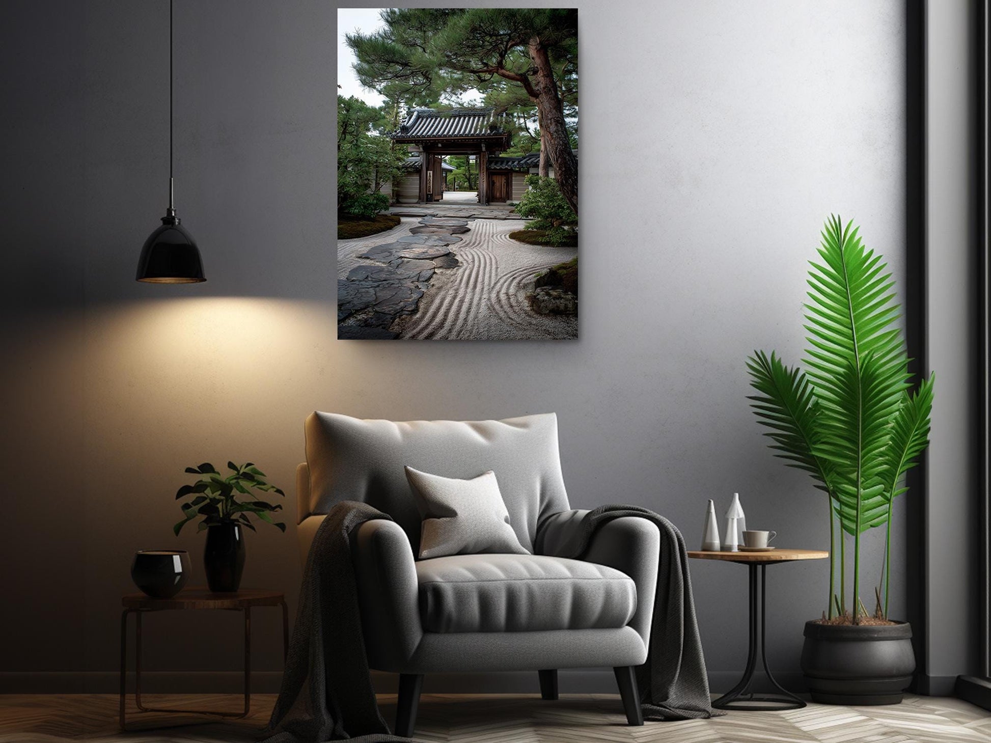 a serene and modern living room with a gray armchair, a wooden side table, and a potted plant. Above the armchair, there is a framed photograph of a traditional Japanese garden with a stone path leading to a gate.