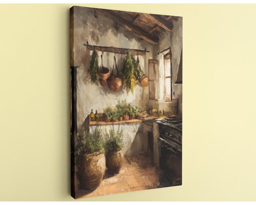 a rustic kitchen scene with hanging pots and pans, potted plants, and a wooden shelf.