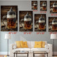 The image is a living room with a white couch and a coffee table. Above the couch, there are six framed images of beer mugs, each with a different size and resolution, ranging from 8&quot; x 12&quot; to 24&quot; x 36&quot;. The images are arranged in a grid pattern on the wall, and the sizes of the images are indicated next to each one.