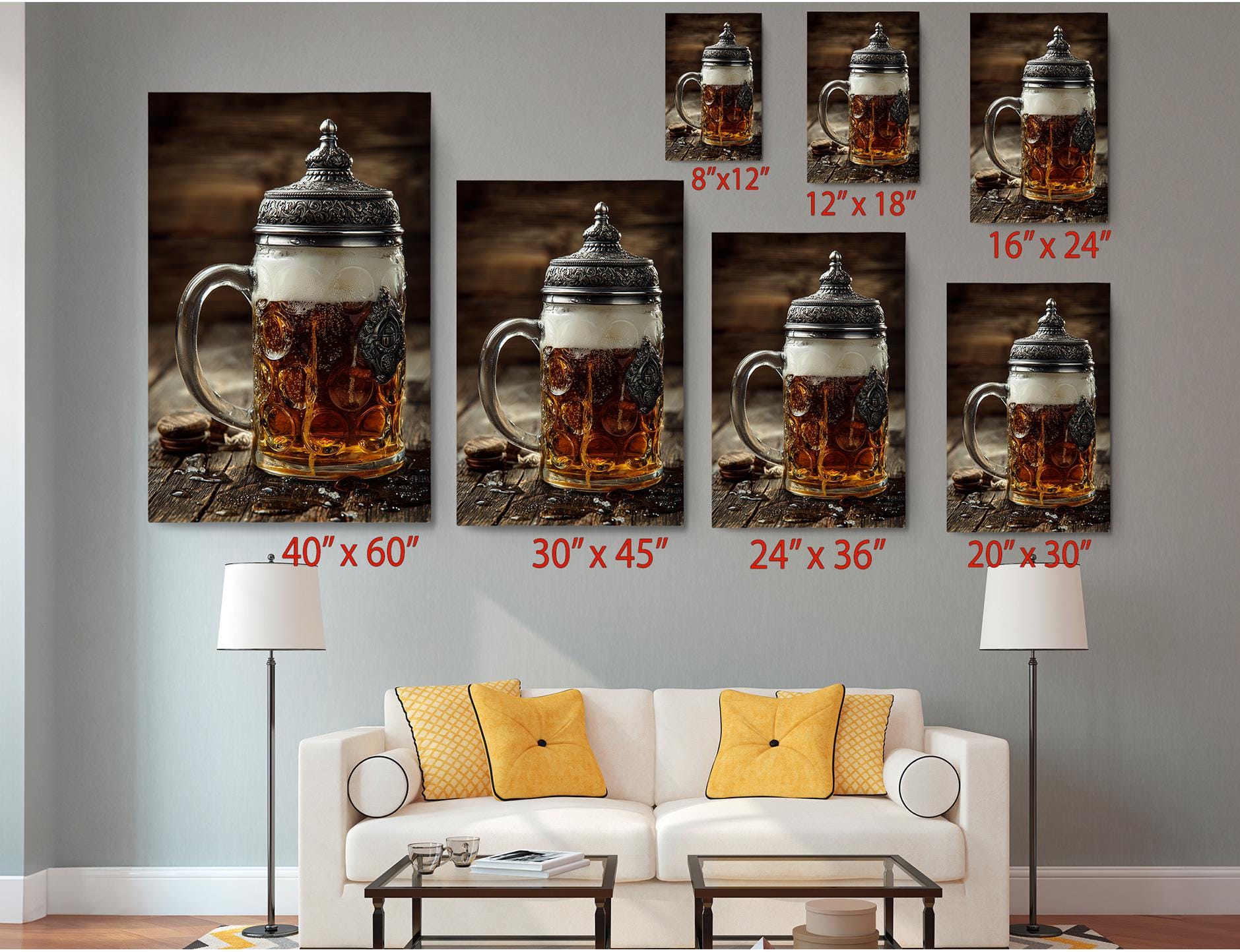The image is a living room with a white couch and a coffee table. Above the couch, there are six framed images of beer mugs, each with a different size and resolution, ranging from 8&quot; x 12&quot; to 24&quot; x 36&quot;. The images are arranged in a grid pattern on the wall, and the sizes of the images are indicated next to each one.
