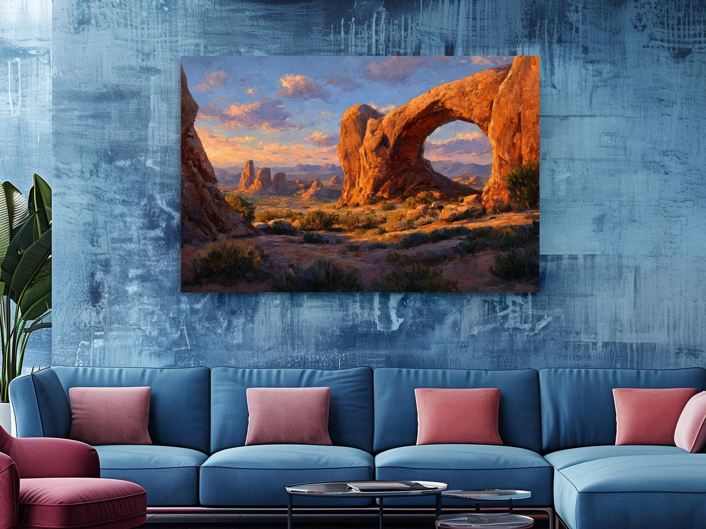 a large, vibrant painting of a desert landscape with a prominent arch formation, hanging on a blue wall above a blue couch with red throw pillows.