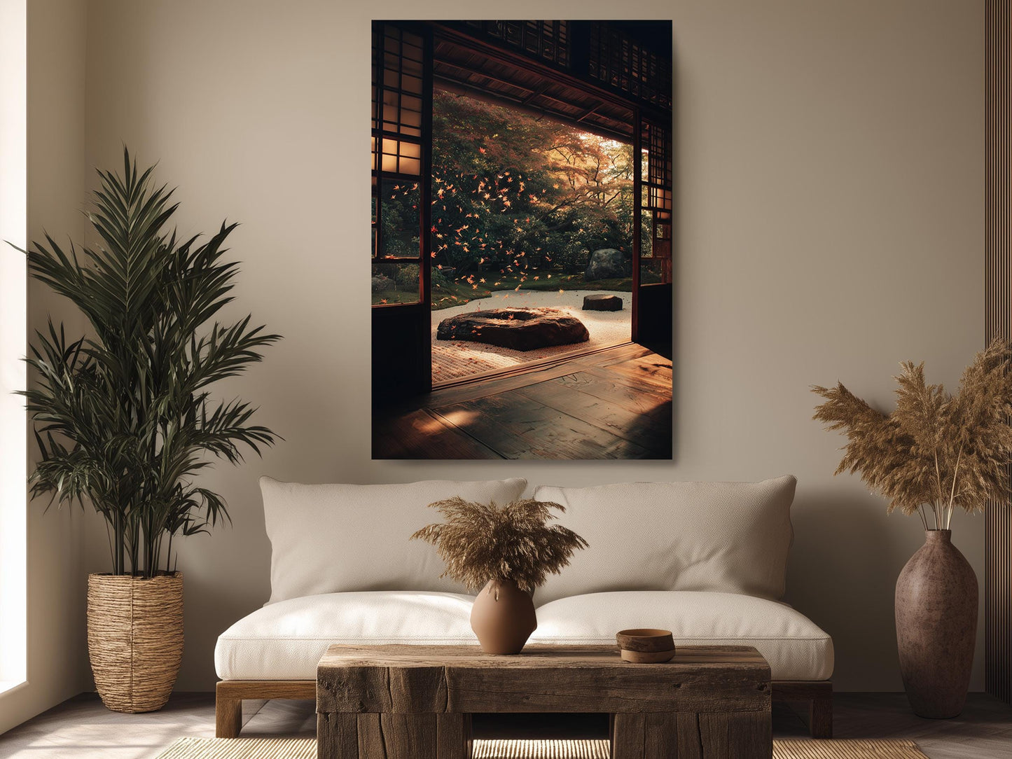 a serene and cozy living room with a large window overlooking a tranquil garden. The room is adorned with a plush white sofa, a wooden coffee table, and a potted plant, creating a warm and inviting atmosphere.