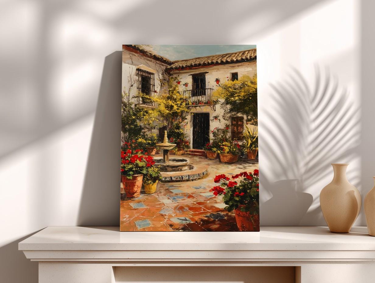 a picturesque courtyard with a fountain, surrounded by lush greenery and vibrant flowers.