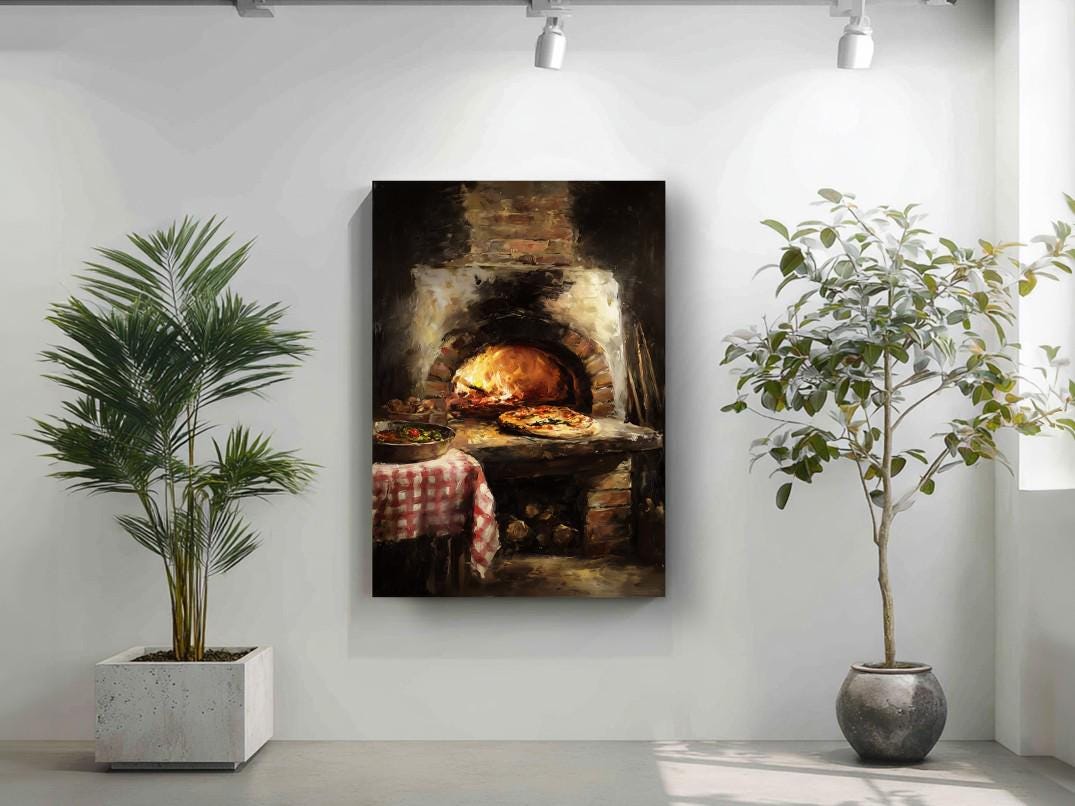 a cozy scene with a brick oven, a table with food, and two potted plants, creating a warm and inviting atmosphere.