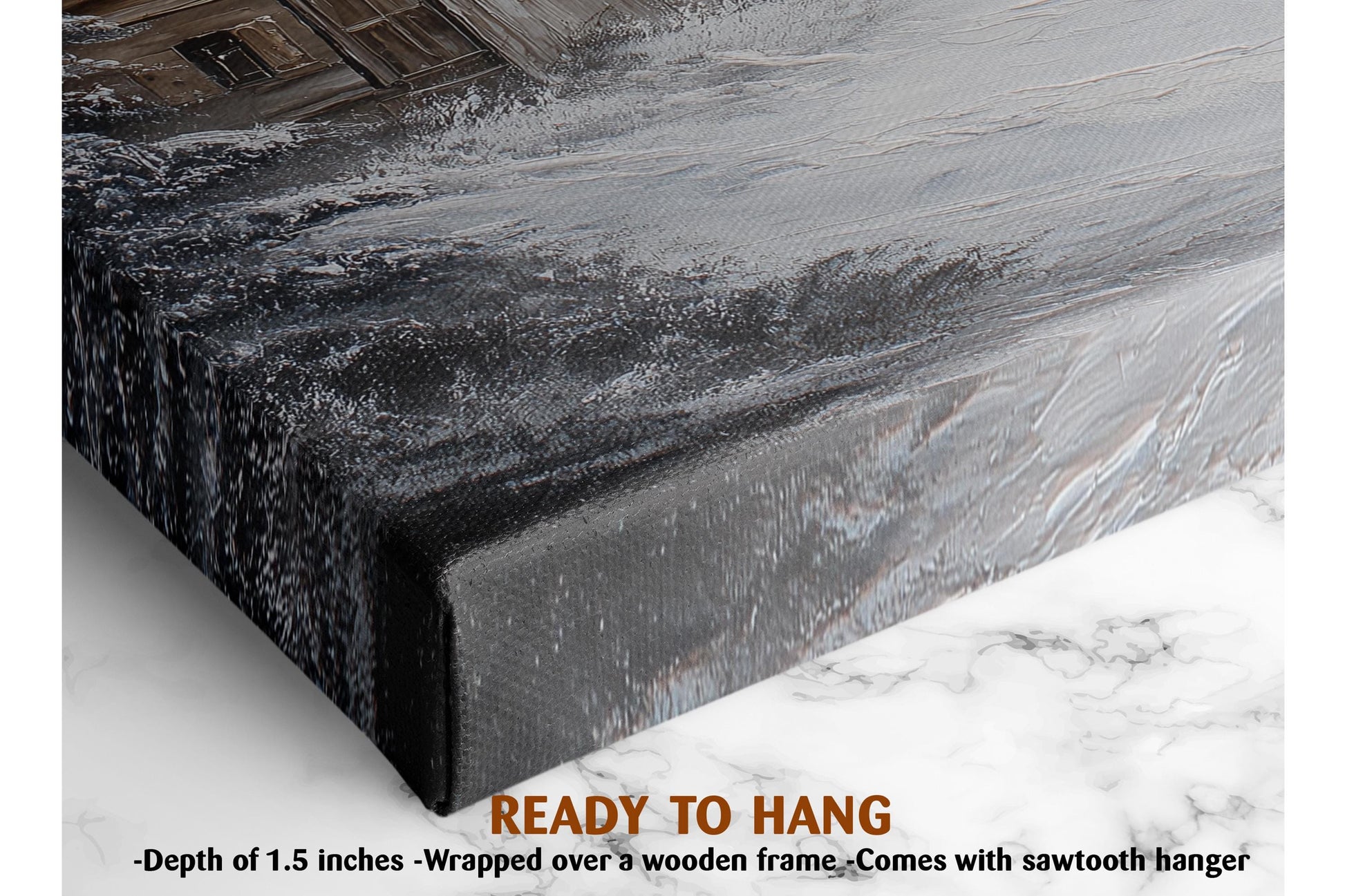 The image is a close-up of a textured surface, possibly a canvas or a wooden frame, with a water-like texture. The text in the image indicates that the artwork is ready to hang and is described as a 1.5-inch depth.