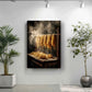 a large framed picture hanging on a white wall, depicting a table with a variety of food items, including what appears to be noodles or pasta. The table is surrounded by potted plants, creating a cozy and inviting atmosphere.