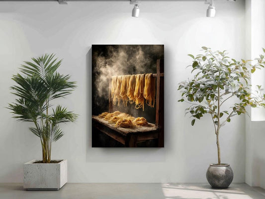 a large framed picture hanging on a white wall, depicting a table with a variety of food items, including what appears to be noodles or pasta. The table is surrounded by potted plants, creating a cozy and inviting atmosphere.