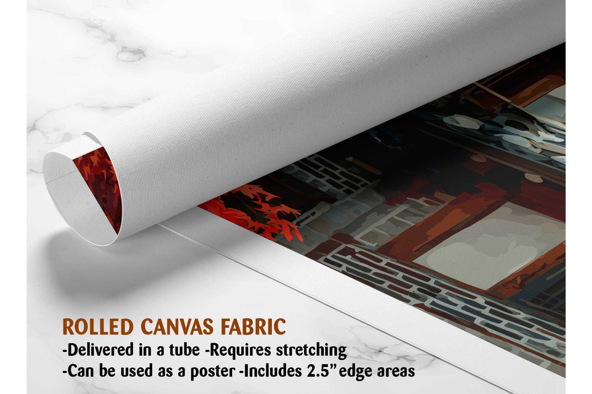 The image is a rolled canvas fabric, which is a type of canvas material used for painting or printing. It is described as a tube-delivered canvas fabric, which means it is delivered in a tube and requires stretching before use. It can be used as a poster with a 2.5&quot; edge area.