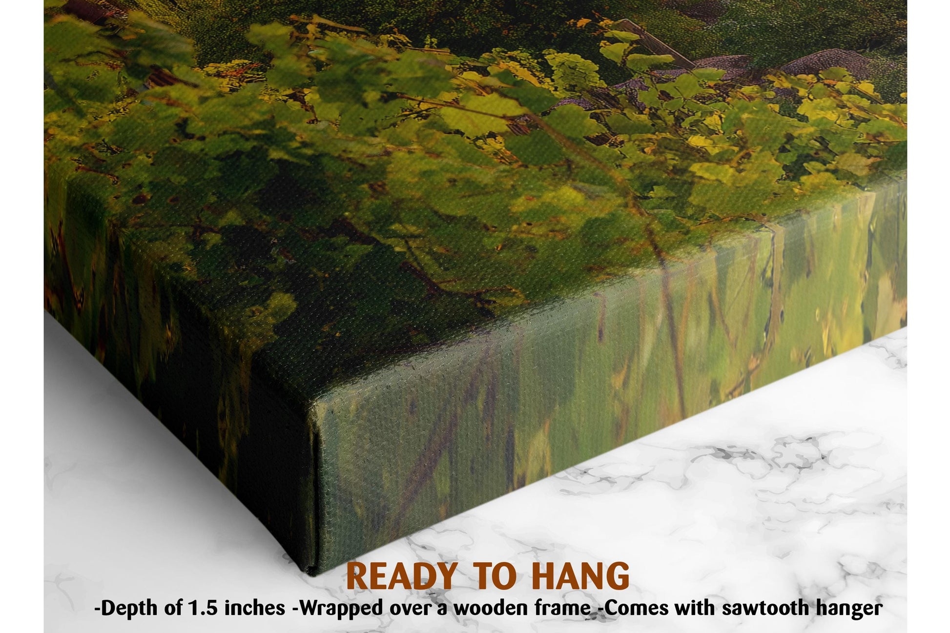 The image is a close-up of a canvas print featuring a lush, green landscape with a wooden frame. The print is ready to hang and measures approximately 1.5 inches in depth.