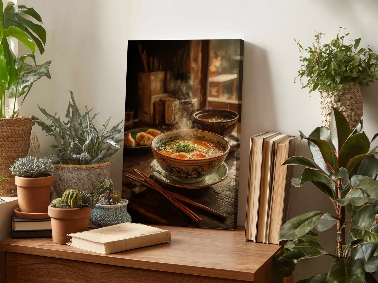 a wooden table with a bowl of soup, a book, and some plants. There is a framed photograph of a bowl of soup on the table.
