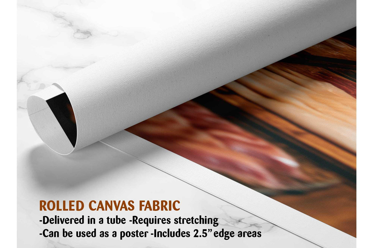 The image is a rolled canvas fabric, which is a type of canvas material used for creating posters or wall art. It is described as a tube-delivered fabric, which means it is delivered in a tube and requires stretching before use. It can be used as a poster with a 2.5&quot; edge area.
