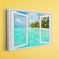 an open window with a view of a tropical beach