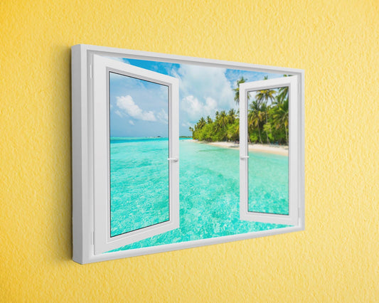 an open window with a view of a tropical beach