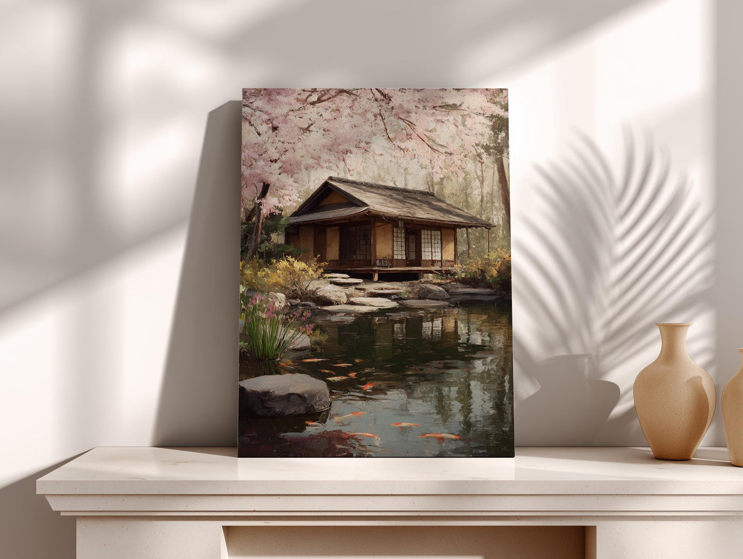 A serene Japanese garden scene with a traditional wooden house surrounded by a pond, lush greenery, and pink cherry blossoms in full bloom.