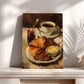 The image is a painting depicting a breakfast scene with a croissant, butter, and jam on a plate, placed on a table.