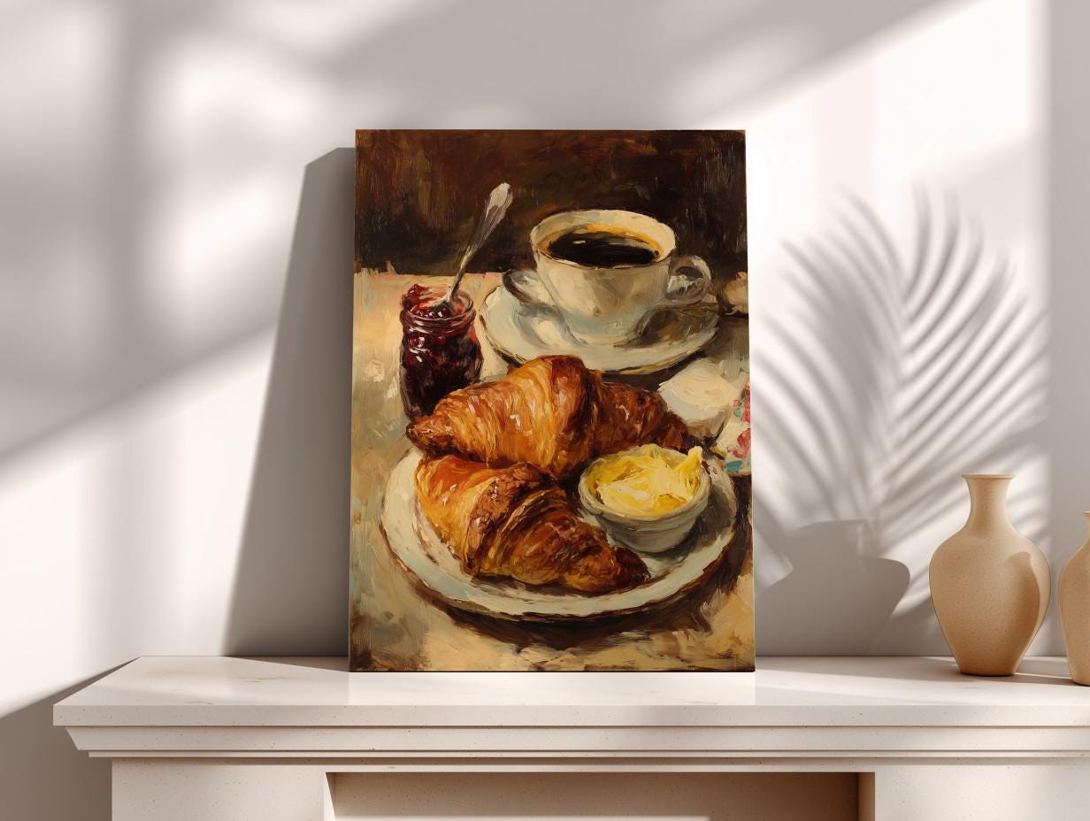 The image is a painting depicting a breakfast scene with a croissant, butter, and jam on a plate, placed on a table.