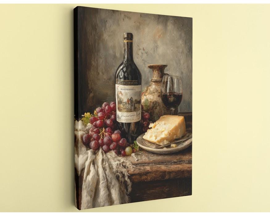 a still life arrangement featuring a bottle of wine, a glass of red wine, a plate of cheese, and a bunch of grapes.