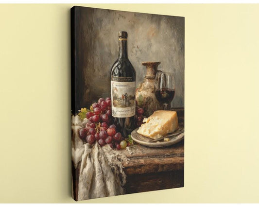 a still life arrangement featuring a bottle of wine, a glass of red wine, a plate of cheese, and a bunch of grapes.