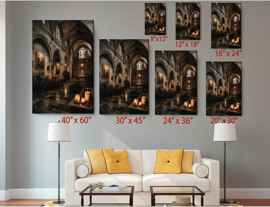 The image is a living room with a white sofa and a coffee table, and there are six framed photographs of a church interior displayed on the wall.