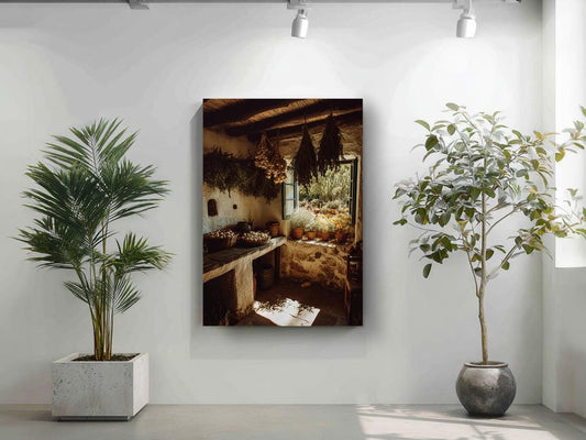 a rustic kitchen with a window, hanging plants, and a potted plant on a shelf.