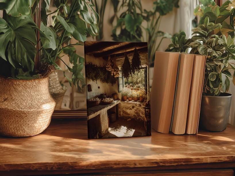 a wooden table with a framed photograph of a rustic kitchen scene, surrounded by potted plants and books.