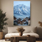 a cozy living room with a large painting of a snowy mountain village hanging on the wall above a wooden coffee table. The room is decorated with potted plants, a vase, and a rug, creating a warm and inviting atmosphere.