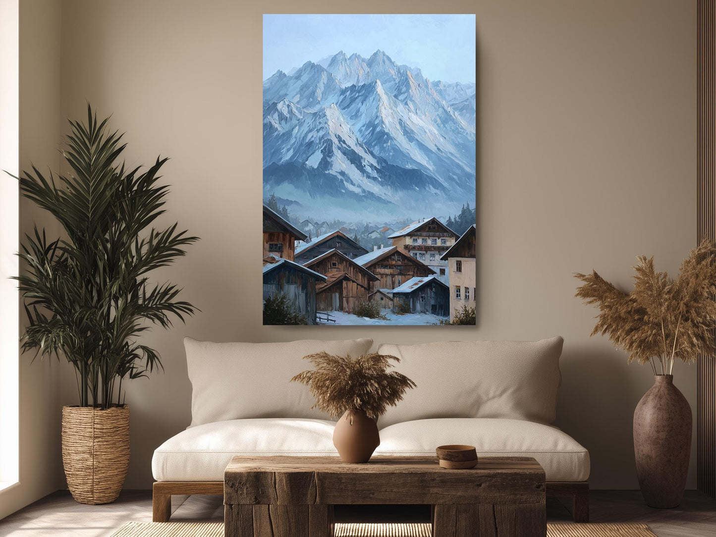 a cozy living room with a large painting of a snowy mountain village hanging on the wall above a wooden coffee table. The room is decorated with potted plants, a vase, and a rug, creating a warm and inviting atmosphere.
