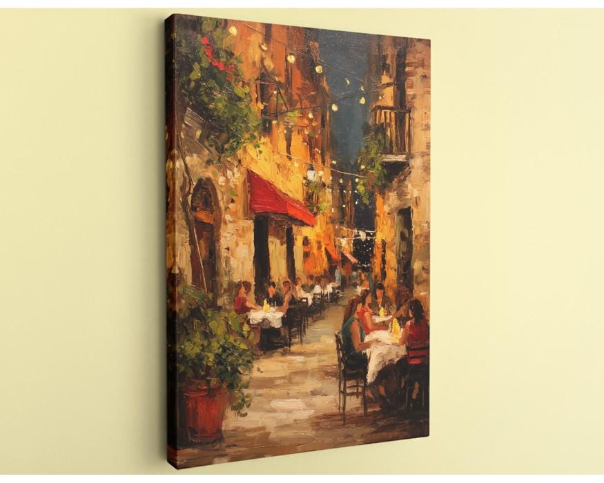 a lively outdoor dining scene with people enjoying their meals at tables under a canopy of lights.