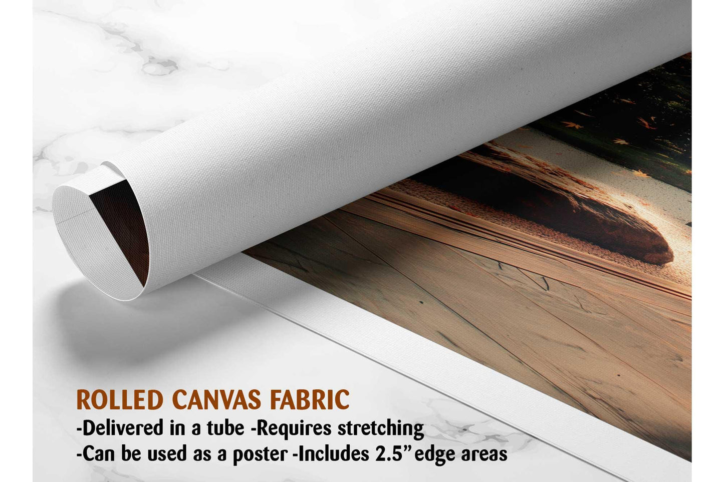 The image is a rolled canvas fabric, which is a type of canvas material used for painting or printing. It is described as a tube-delivered fabric, which means it is delivered in a tube and requires stretching before use. The fabric can be used as a poster, with a 2.5&quot; edge area.