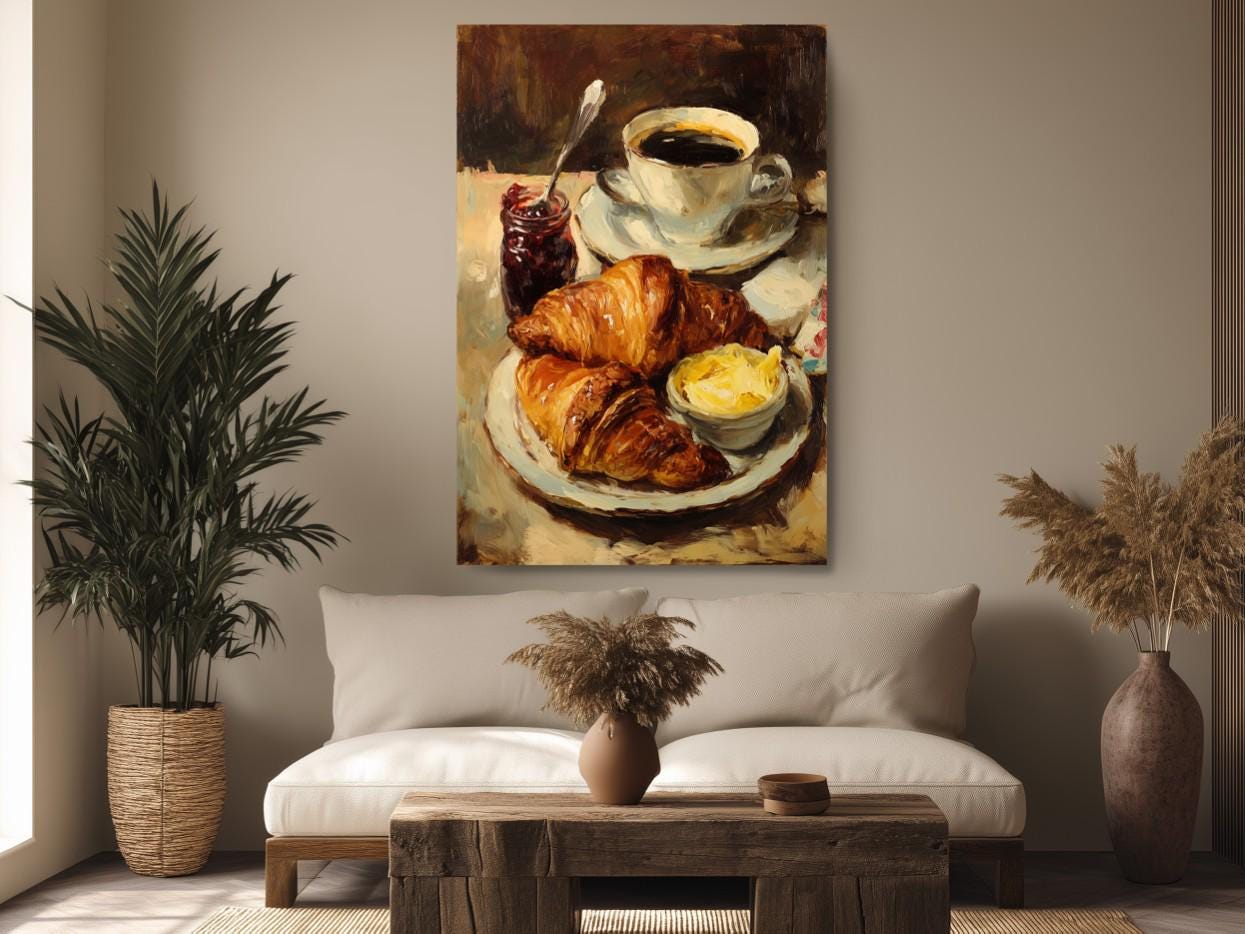 a cozy living room with a large painting of a croissant and coffee on a table, surrounded by potted plants and a wooden coffee table.