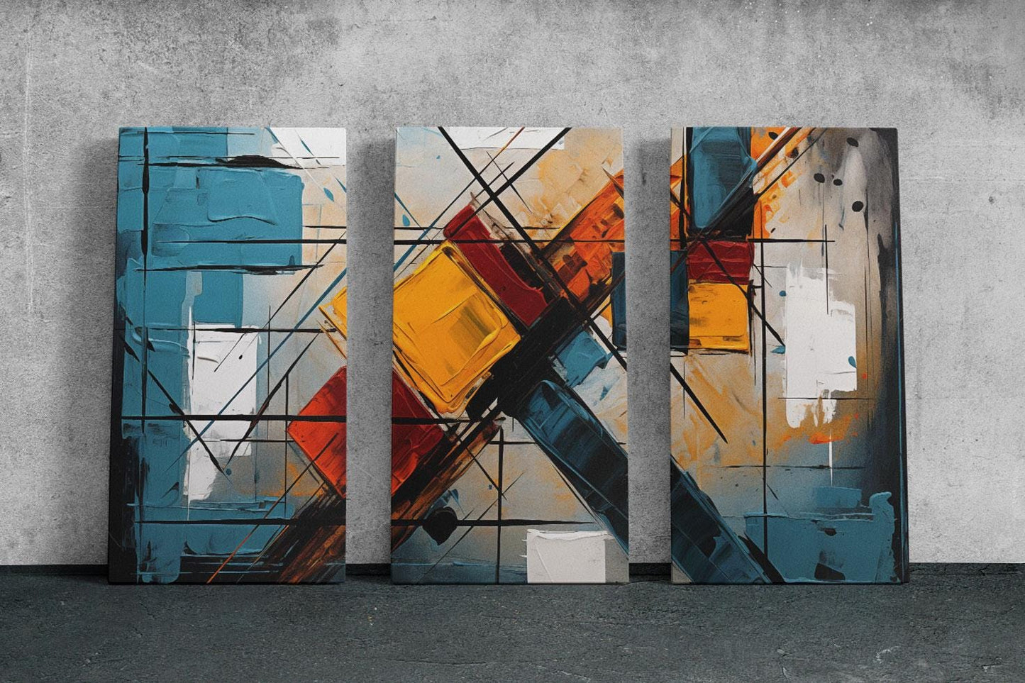 three abstract paintings on a wall in a room