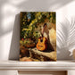 a painting of a guitar leaning against a wall, surrounded by greenery and flowers, with a vase on a shelf to the right.
